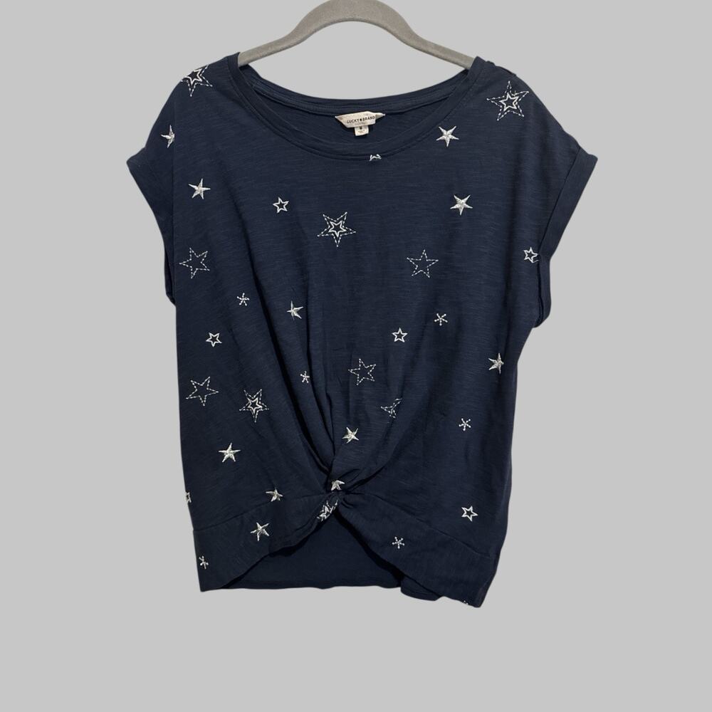 Lucky Brand Navy Short Sleeve T Shirt Top White Embroiled Stars Everyday Size M